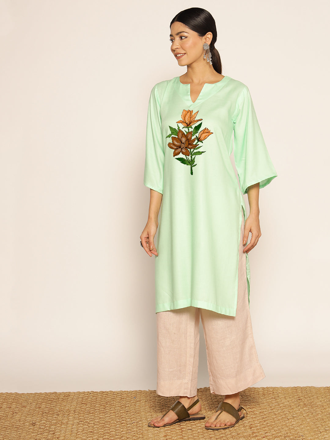 Mint Rayon LongKurta - Olive Green