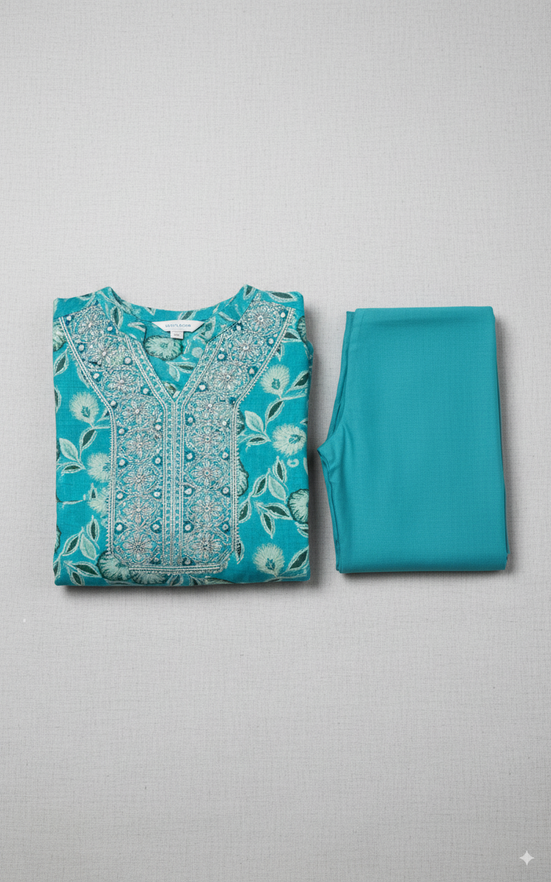 Turquoise Bloom Elegance Kurti Set ✨ $