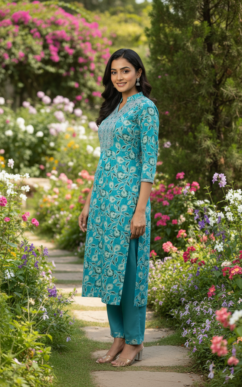 Turquoise Bloom Elegance Kurti Set ✨ $