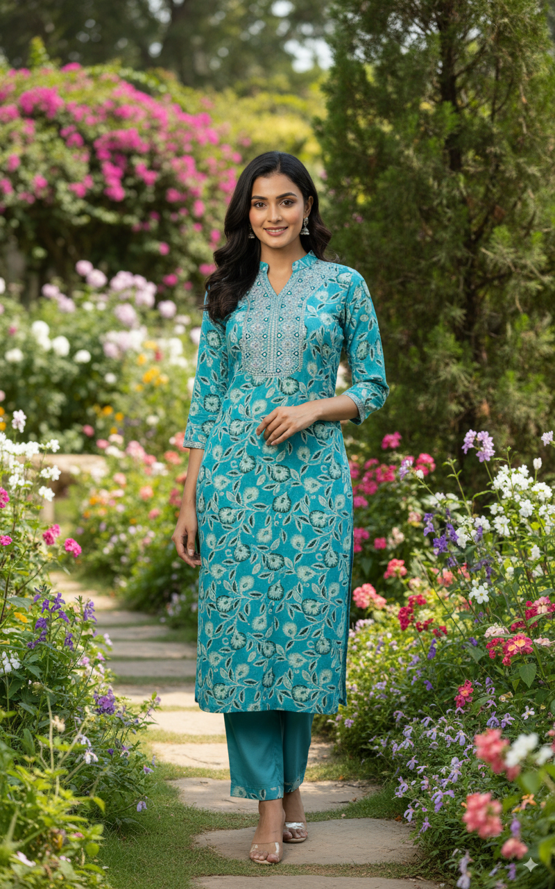 Turquoise Bloom Elegance Kurti Set ✨ $