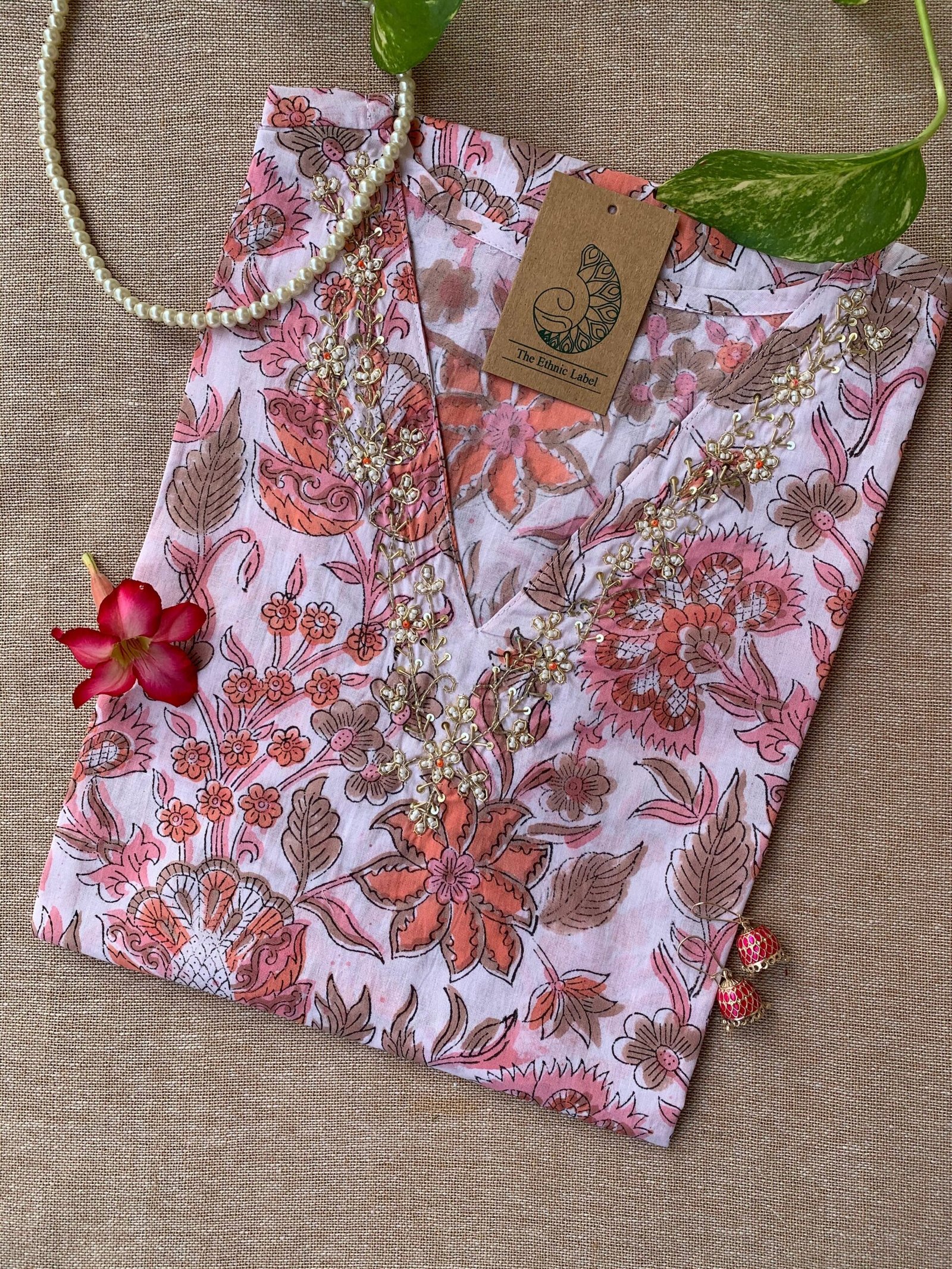 IMG_1767-scaled-1.jpg "Peachy Elegance" Hand Work Embellished Cotton kurta - Image 1