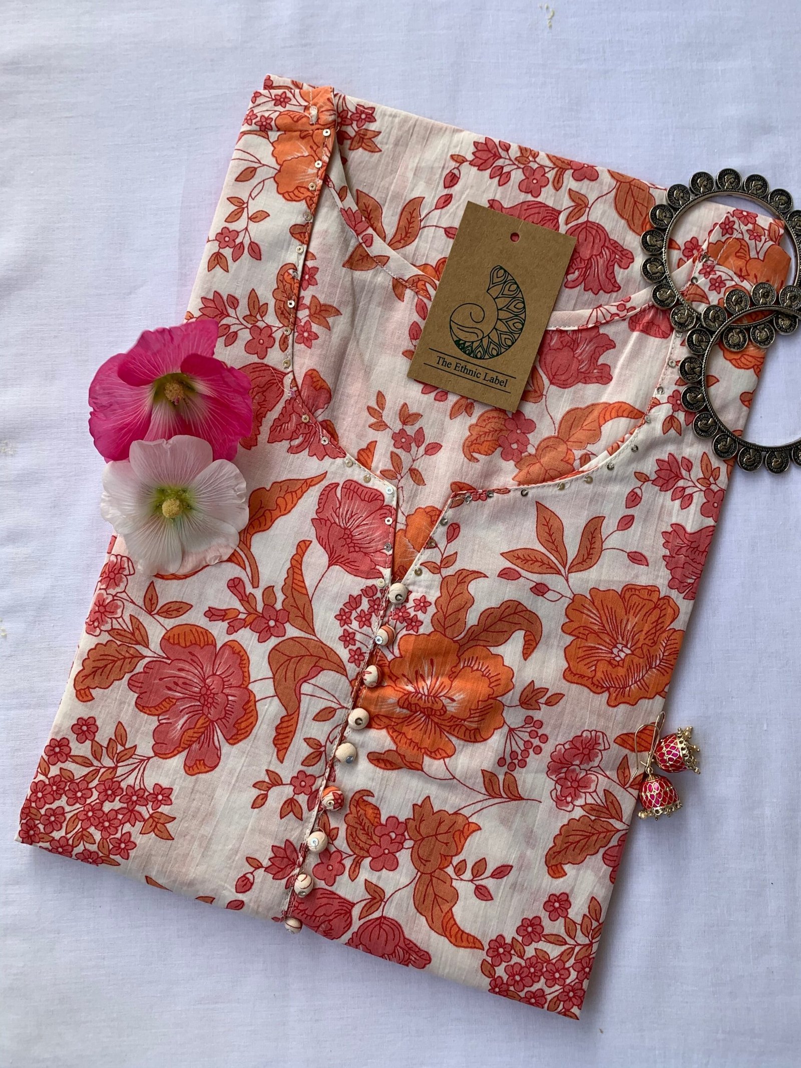 IMG_5124-scaled-1.jpg "Paradise" White Orange Cotton Kurta - Image 1